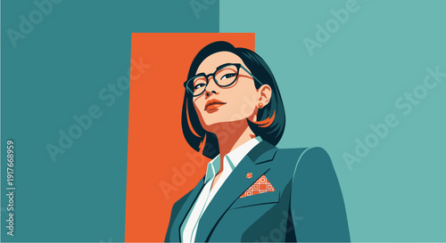 A confident and determined young Asian businesswoman in a stylish suit and glasses, embodying leadership and professional success with a modern aesthetic.