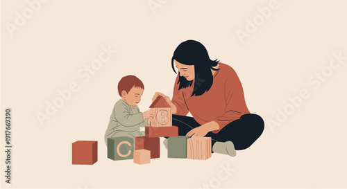 A loving mother and her young child are engaged in a playful and educational activity, building a tower with colorful wooden blocks on the floor.