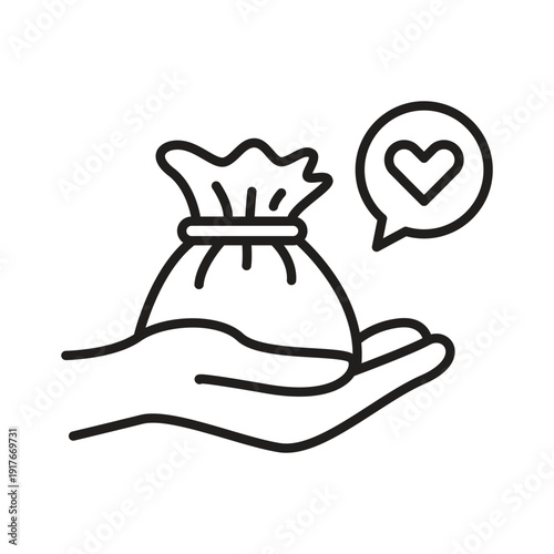 Hand Holding Zakat Bag with Heart Line Icon