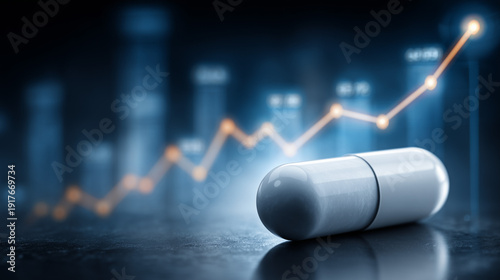 Drug's Market Growth: An illuminating scene showcases a single capsule set against a dynamic chart. The visuals depict the growth potential of a drug, offering a metaphor of medicinal progress.