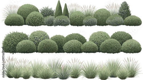 Set of black silhouette grass borders horizontal garden shrubs and lush green leafy hedge elements isolated on white background for landscape design and scenery