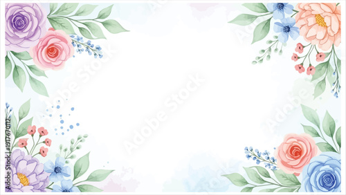 Vibrant floral border with roses and leaves on white background