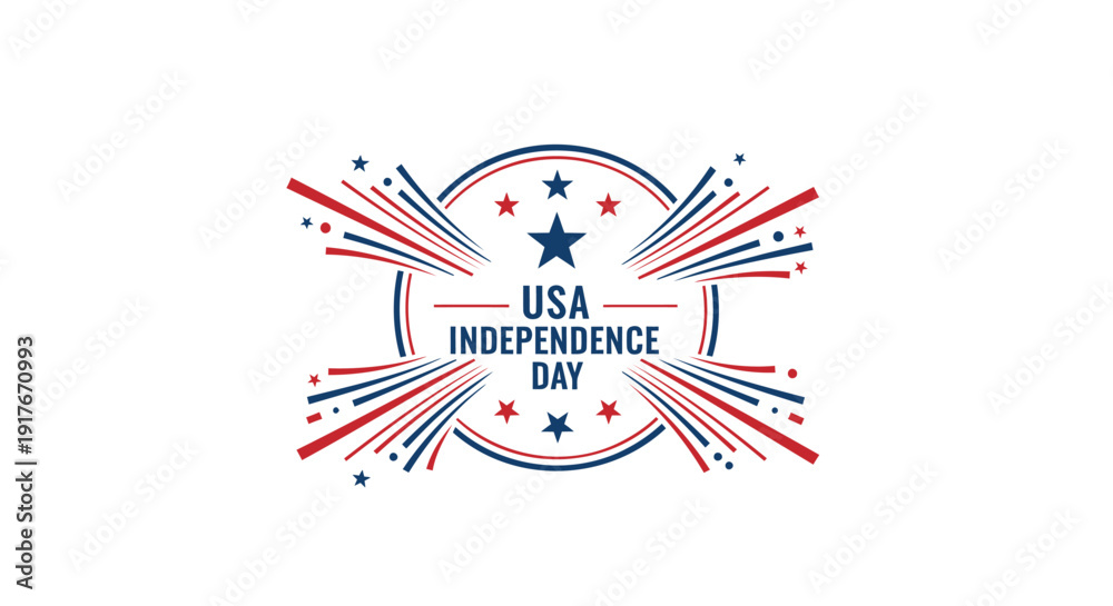 Obraz premium USA Independence Day patriotic icon in red, white and blue colors. Includes star, fireworks and banner. Created in vector style with patriotic palette.
