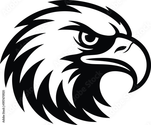 A bold black and white illustration of an eagle's head in profile