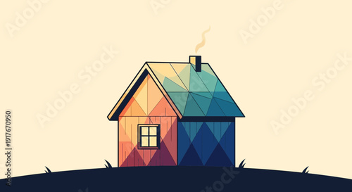 A geometric house illustration with a colorful faceted design and smoke rising from the chimney