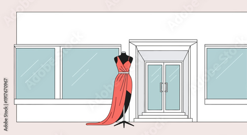 An elegant coral gown displayed on a mannequin outside a fashion boutique with a large window and double doors
