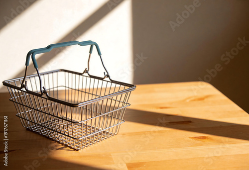 Empty wire shopping basket with teal handles sits on a wooden table, bathed in sunlight.