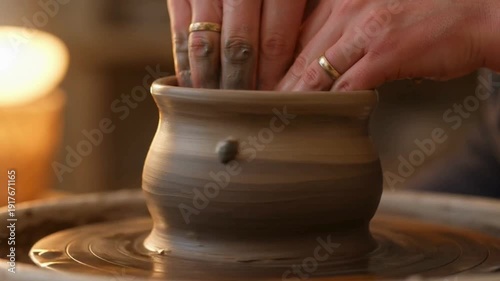 Extreme Close Up of Hands Shaping and Pulling Wet Clay on a Pottery Wheel
