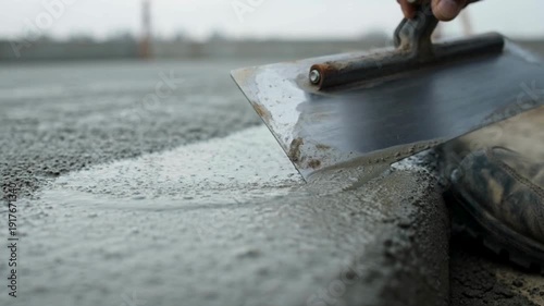 Ultra Macro Slow Motion of a Steel Trowel Smoothing Wet Concrete