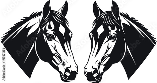 Set of two black and white horse head illustrations featuring a front view symmetrical portrait of elegant stallions isolated on white for equestrian design