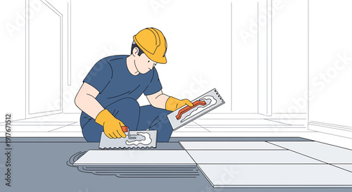 Tiler Applying Mortar to Floor Tiles with Trowels - Renovation and Repair