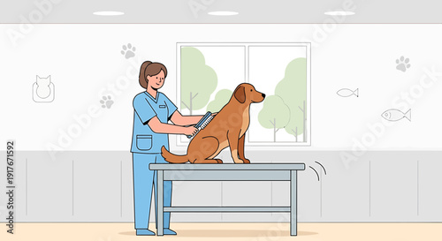 Veterinarian Grooming Golden Retriever Dog on Examination Table