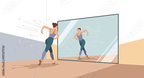 Woman dancing in front of a mirror, self-reflection, movement, and body expression