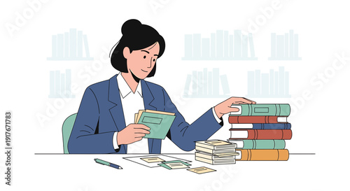 Woman Organizing Books and Papers at Desk with Shelves Background