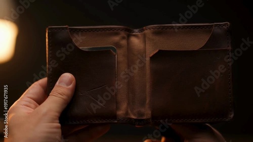 Close Up Slow Motion of Hands Opening a Leather Purse