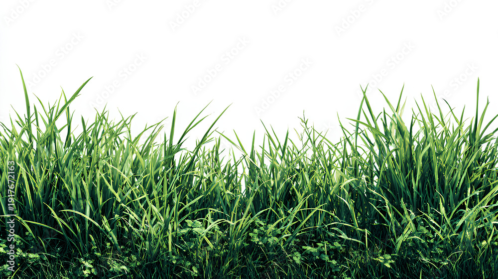 Fototapeta premium grass isolated on white background/Dense green grass and natural ground vegetation forming a fresh, wild meadow texture on a white background. Stock Illustration