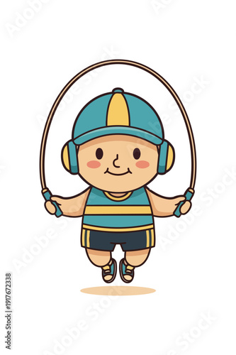 Cartoon boy skipping rope exercise isolated