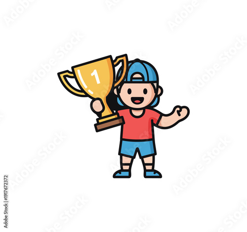 Cartoon child holding trophy on black background for victory concept
