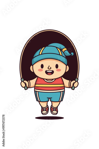 Cartoon child jumping rope on black background