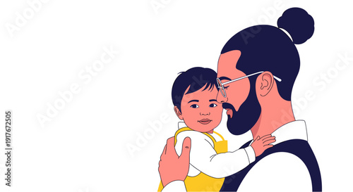 A loving father with a stylish man bun and glasses tenderly holds his adorable baby, showcasing a beautiful bond and modern parenthood.