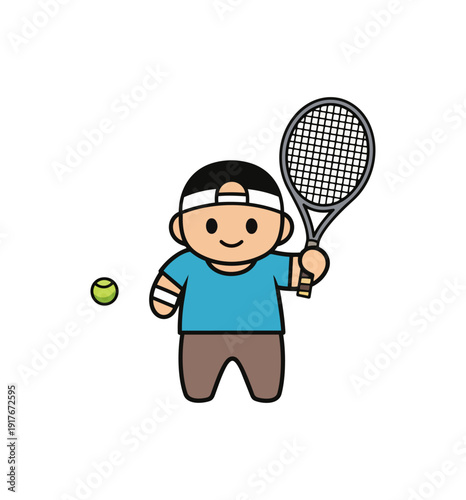 Cartoon tennis player with racket and ball on black background