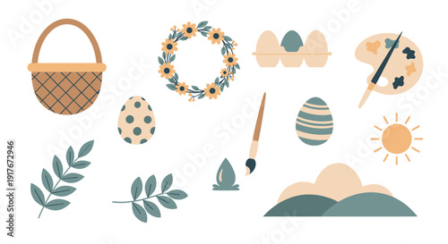 A collection of charming Easter-themed illustrations including a basket, painted eggs, a floral wreath, a palette with brushes, and natural elements.