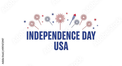 Independence Day USA icon collection. Includes fireworks, stars, and patriotic symbols. Created in colorful style with red, white, and blue palette.