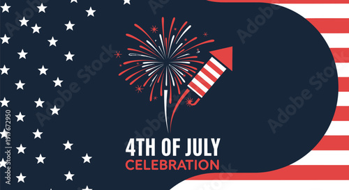 Patriotic 4th of July celebration banner with fireworks and American flag, vector graphic.