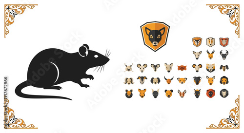 A collection of animal head icons and a silhouette of a black rat, presented with decorative corner elements.