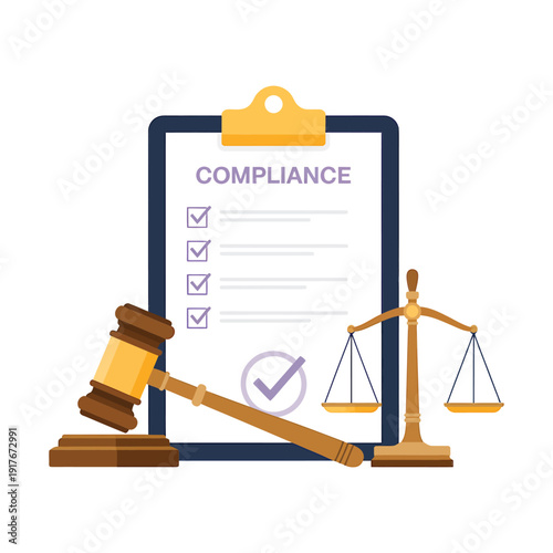 Legal compliance concept with scales of justice clipboard and gavel illustration