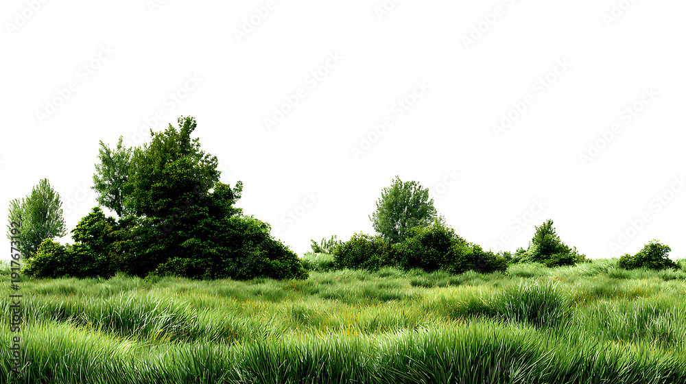 Fototapeta premium grass isolated on white/Wide green meadow with trees and bushes isolated on a white background, panoramic natural landscape element for design use. Stock Illustration
