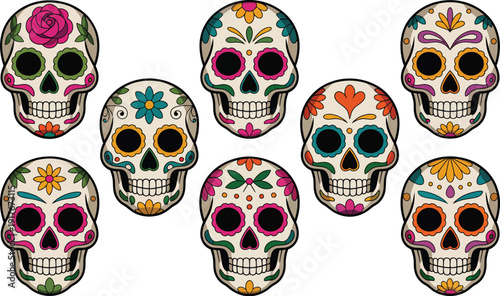 A collection of colorful sugar skulls for Day of the Dead celebration
