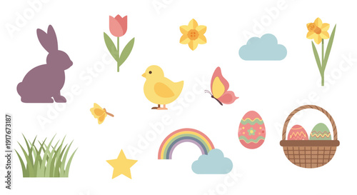A charming collection of Easter-themed illustrations including a bunny, chick, daffodils, tulips, a rainbow, clouds, a butterfly, grass, a star, and decorated eggs in a basket.