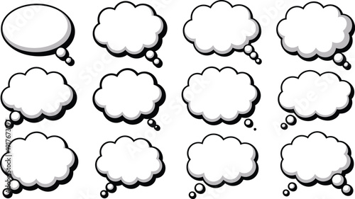 A collection of cartoon thought bubbles on a white background