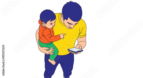 A loving father holding his curious child, both engrossed in the content displayed on a modern smartphone screen.