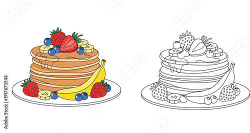 Delicious pancakes stack with strawberries, blueberries and banana slices on a plate. Vector illustration set featuring a colored version and a black and white outline for coloring book page.