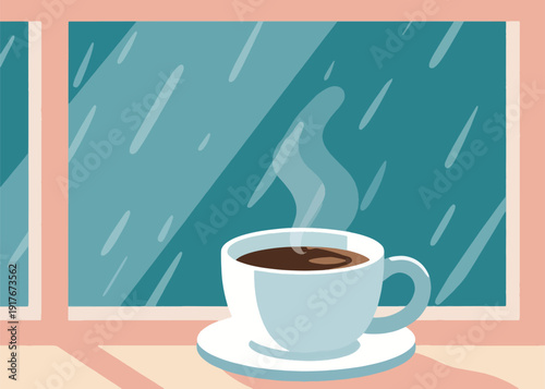 Enjoy a Cup of Hot Coffee by the Window on a Rainy Day Illustration Artwork Creative Design Template 