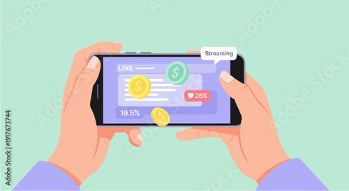 A person's hands hold a smartphone horizontally, displaying a live streaming interface with interactive elements and monetization symbols.