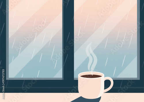 The Aroma of a Hot Cup of Coffee by the Window on a Rainy Day Illustration Artwork Creative Design Template 
