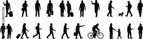 Collection of black human silhouettes walking, cycling, and with a dog on a white background Keywords: silhouette, people, man