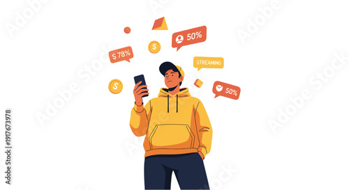 A young man in a yellow hoodie is engrossed in his smartphone, surrounded by floating notification bubbles indicating discounts and offers.