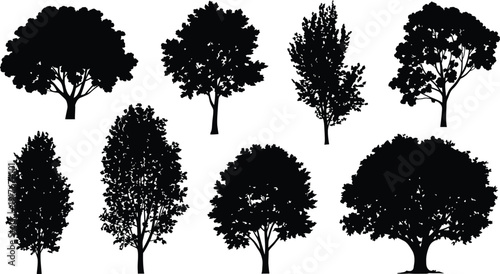 A collection of tree silhouettes on a white background