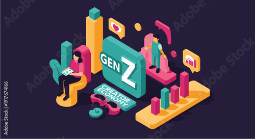 Dynamic isometric illustration depicting Gen Z's active participation and significant influence within the burgeoning creator economy, showcasing digital engagement.