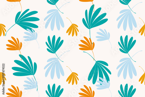 Colorful Botanical Seamless Pattern with Retro Tropical Leaves