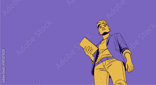 A confident young professional, viewed from a low angle, holds a digital tablet against a minimalist purple background, symbolizing ambition and modern work.