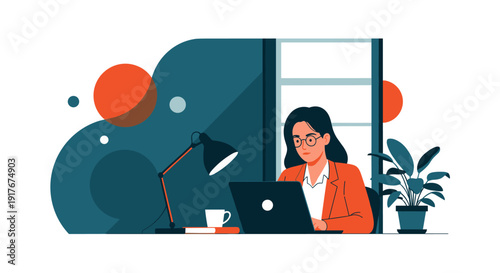 A focused young woman with glasses diligently works on her laptop at a desk, surrounded by modern office elements and a calming plant.