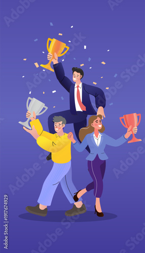 Success and team achievement with group of happy colleagues holding winner trophies. Flat vector illustration of coworkers celebrating business goal accomplishment with confetti.