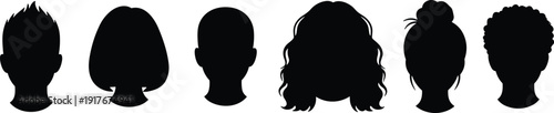 Diverse Black Silhouettes of Human Heads With Various Hairstyles On White Background vector illustration