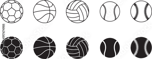 Collection of sports balls in line and solid styles for design