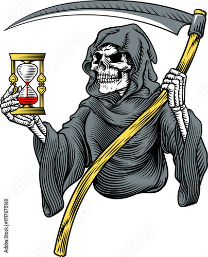 The grim reaper or death holding an hour glass and scythe in a vintage retro woodcut style